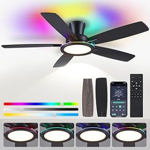 BYKISTOK Flush Mount Ceiling Fan with RGB Light 52In Black Ceiling Fan Light with Reversible Mute Motor LED 3CCT Dimmab Bangladesh (New)